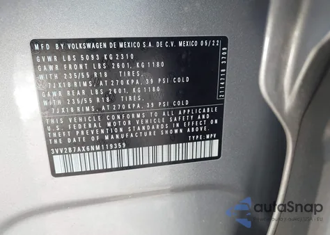 2022 Volkswagen Tiguan 2.0T Se из США, поврежденный, VIN 3VV2B7AX6NM119359